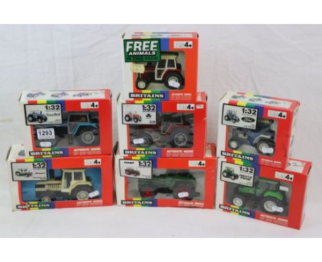 Seven boxed 1:43 Britains tractors to include 9504 Fendt 615 LSA, 9501 Massey Ferguson MF 3680, 9495 Ford 2120, 9520 Massey F