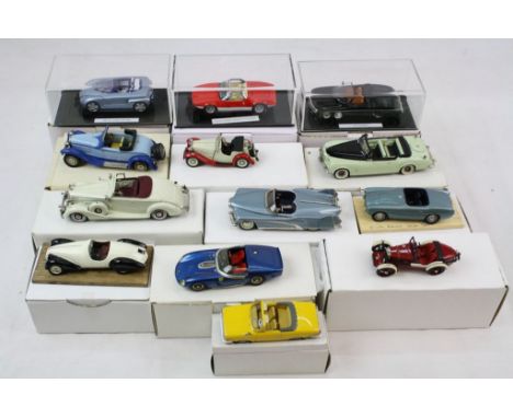 13 metal models, 1:43, in plain white boxes, various manufacturers, to include Tin Wizard Bugatti Type 50 Cabriolet 1930, K &