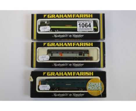 Three boxed Graham Farish N gauge locomotives to include No 8317 Class 33 Diesel BR Distribution Sector, No 8414 BR Class 55 