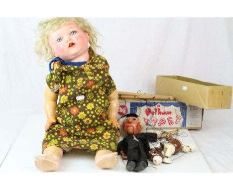 Boxed Pelham Puppet School Master, plus a Pelham Puppet Dog and a Koppelsdorf composition doll with sleeping glass eyes, mark