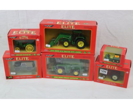 Six boxed 1:43 Britains Elite models to include 15129 John Deere Forage Harvester, 00174 Land Rover Series I, 04180 David Bro