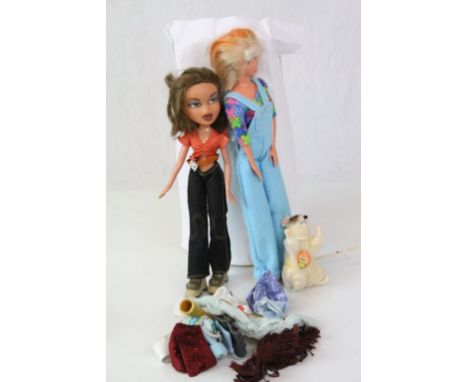 Steiff mouse soft toy with original tag, showing wear to back, plus a Bratz and contemporary Barbie doll