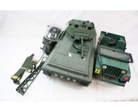 Three Action Man scale vehicles to include Marx Jeep, Action Man tank and Palitoy helicopter (with damage)