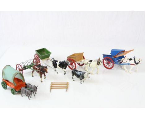 Collection of vintage metal Britains farming accessories to include 5 x carts, 3 x horses, 2 x donkeys and 2 x bulls, play wo