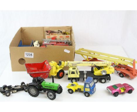 Group of vintage play worn diecast models to include Dinky Coles Hydra Truck 1507, Dinky Hoynor Car Transporter, Corgi, Match