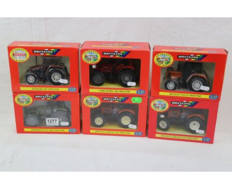 Six boxed 1:32 Britains Authentic Farm models tractor models to include 00225 Renault Cergos 340, 00038 Hurlamann SX 1500, 94