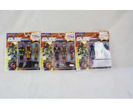 Three carded and unopened Hasbro GI Joe three figure sets featuring Shockwave/Storm Shadow/Toxo-Viper, Snake Eyes/Budo/Annihi