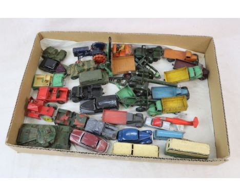 32 Vintage play worn diecats models, mainly early Dinky examples to include Austin, Dodge, Rover 75 etc, some with repainting