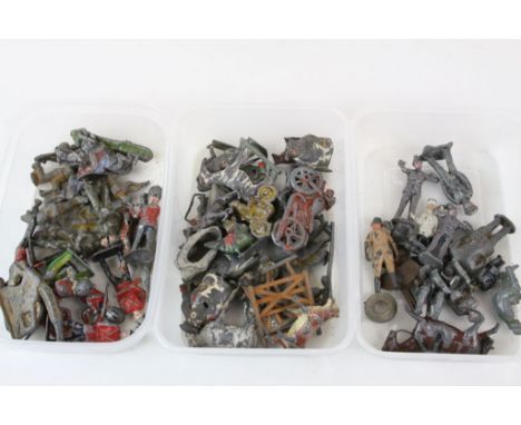 Collection of vintage play worn metal figures and accessories to include motorbikes, police officers, soldiers, flats, farm a