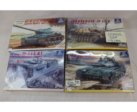 Four boxed &amp; sealed Italeri 1:35 Military model kits to include No.276 US Army M-113 A1, No.251 T-72 M1, No.266 Jagdpanze