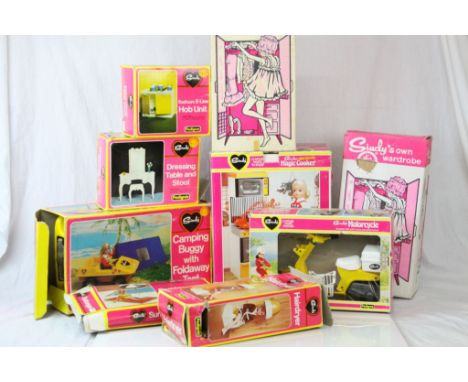 Nine boxed Pedigree Sindy accessories to include motorcycle, 2 x wardrobe, magic cooker, hairdryer, sun lounger, camping bugg