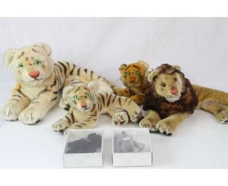 Four Steiff soft toys to include 3 Tigers and a Lion, condition is gd overall, plus 2 boxed Steiff Miniatures Alpaca both wit