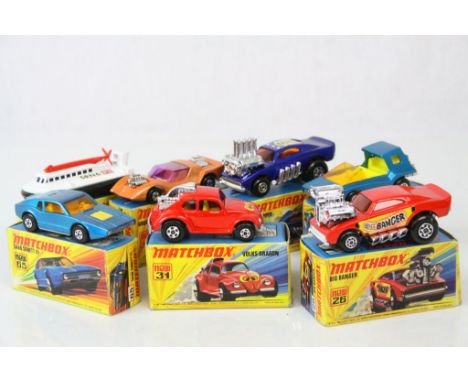 Seven boxed Matchbox Superfast diecast models to include 26 Big Banger in red, 72 Hovercraft, 48 Pi-Eyed Piper in blue, 65 Sa