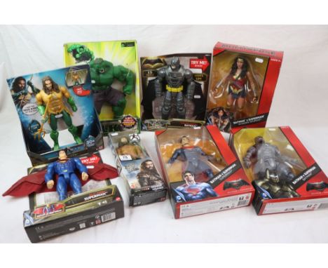 Seven boxed/carded Mattel figures to include DC Aquaman Trident Strike, DC Batman v Superman heat Vision Superman, DC Electro