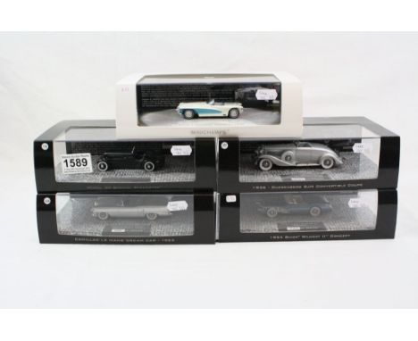 Five boxed / cased Minichamps limited edition 1:43 metal models, to include First Class Collection Duesenberg SJN Convertible