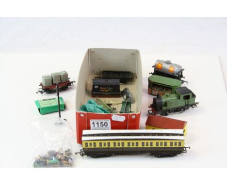 Group of model railway to include boxed Dinky Station Staff 051, 0-4-0 locomotive, rolling stock and trackside accessories