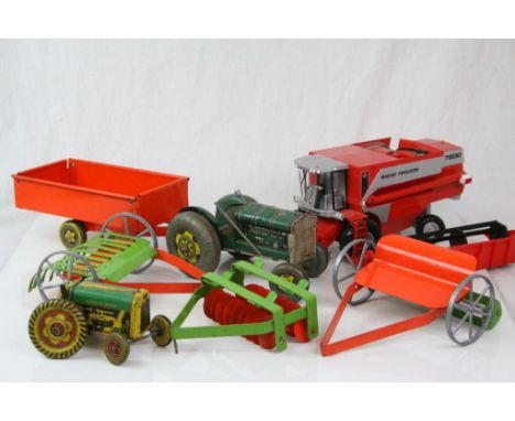 Group of metal and tin plate farming models to include Mettoy trailer, Britains Massey Ferguson 7200, Mettoy tractor etc, sho