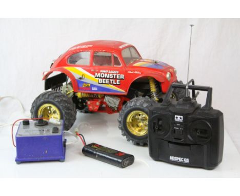 Tamiya Electric 58060 1/10th scale Monster Beetle remote control car from the late 1980's, with remote control, battery charg