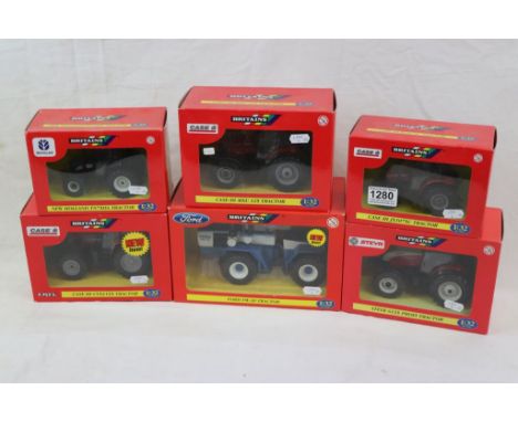 Six boxed 1:32 Britains Authentic Farm models tractor models to include 42021 New Holland TN75DA, 40804 Steyr 6135 Profi, 421