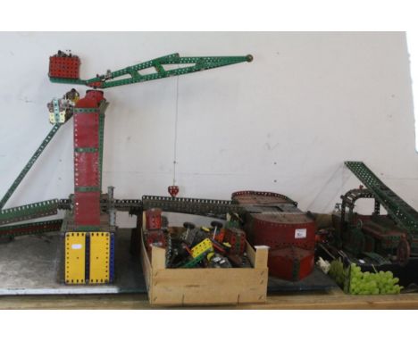 Collection of early 20th century Meccano, modelled into the form of a dockyard crane, a fire engine &amp; various other vehic