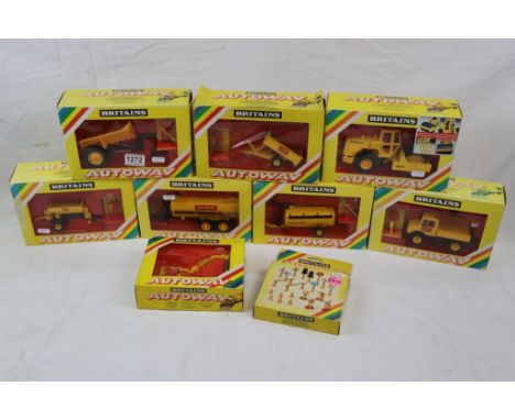 Nine boxed Britains Autoway models and accessories to include 9842 Liquid Tanker, 9836 Liquid Tanker, 9813 Unimog, 9818 Road 