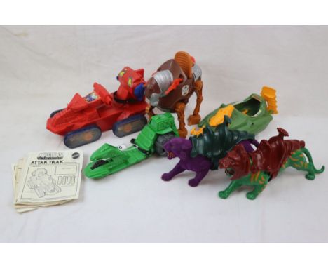 Six original Mattel He Man Masters of the Universe accessories to include Attak Trak, Battle Cat (with armour), Road Ripper, 