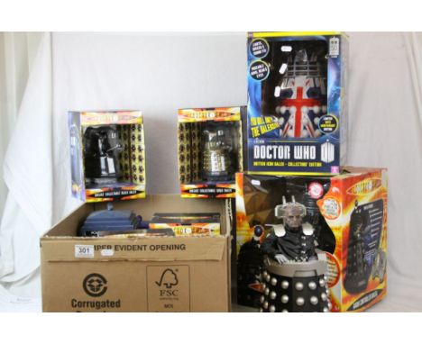 Six boxed Doctor Who figures to include BBC sci-fi collector diecast Gold Dalek, Cyberman, Black Dalek, Tardis, Collectors Ed