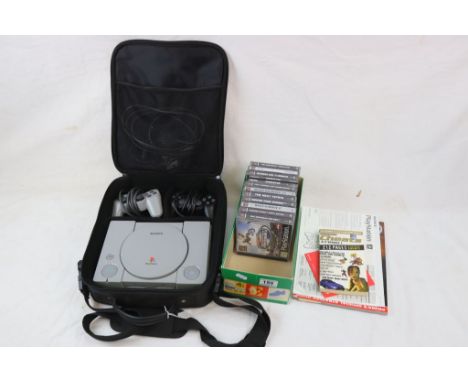 Retro Gaming - Cased Playstation 1 console, 2 x controllers, power cable, instructions, PS1 carry case, 11 x games to include