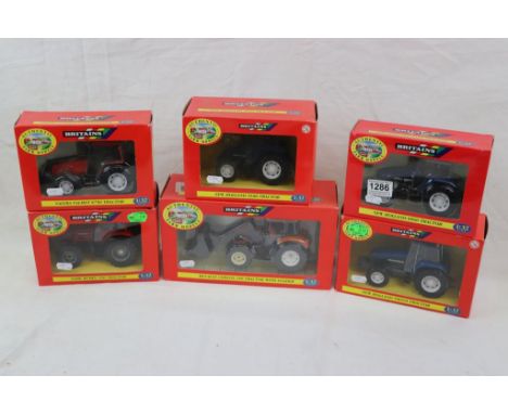 Six boxed 1:32 Britains Authentic Farm Models tractor models to include 40522 New Holland TM165, 9488 New Holland 8560, 40753