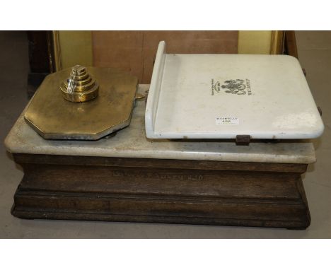 W & T Avery Ltd butcher's scale with ceramic plaque (slight restoration), on wooden base, with brass weights