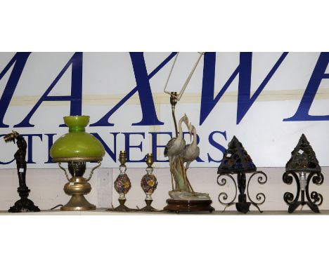 A resin table lamp in the form of 2 herons; other table lamps