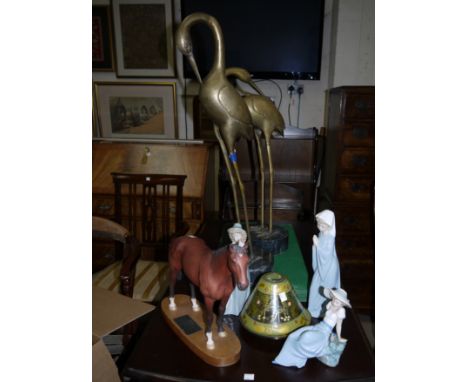 A pair of brass flamingos on marble bases, 27" x 24"; a Beswick model of Nijinsky the racehorse; Nao and other china