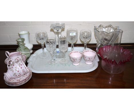 A Victorian oil lamp Waterford glass shade with folded and etched cranberry shade; 3 Waterford crystal goblets; decorative po