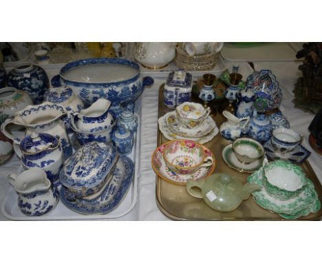 A jade coloured soapstone teapot; a Chinese miniature blue and white vase; other blue and white china; etc.