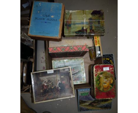 A gent's overnight case; a watercolour paint box; a collection of wooden jigsaws; a selection of collectibles; a selection of