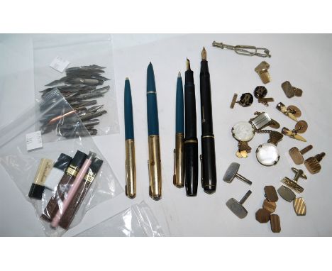 A pair of 9 carat cufflinks; 2 other 9 carat cufflinks, 12.5 gm gross; a selection of pens and writing equipment