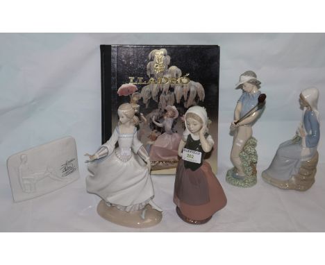 A Lladro figure of seated lady with lilies, a Nao figure of a golfer, a Lladro book and ceramic plaque