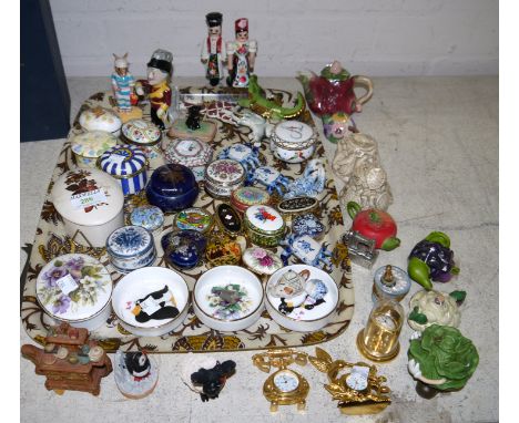 A collection of china and enamel trinket boxes, figures and animals
