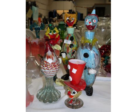 A pair of Murano clown decanters (1 finger chipped; 1 hat chipped); 3 similar pieces