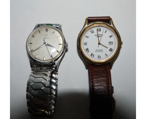 A 1960's gents Omega stainless steel wristwatch, with baton numerals, centre sweep seconds hand, and expanding strap; a gents