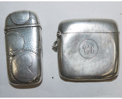 A silver engine turned Vesta case, monogrammed, Chester 1912; a planished Vesta case inset 19th century silver coins