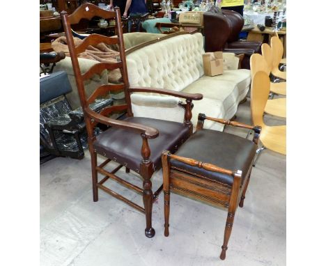 An oak ladder back arm chair and similar piano stool