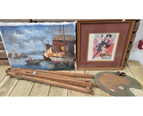 A vintage artist easel, Pallet board, oil painting harbour scene together with Erotic character scene picture