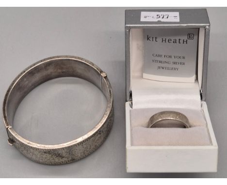 925 Silver Kit Heath band ring with box and certificate and Birmingham silver engraved bangle. [Ring size Q]
