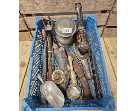 A tray of collectables; collection of four vintage daggers &amp; Gurkha knives, antique pressing stamper, pewter tankard &amp