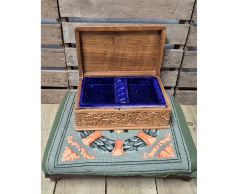 Eastern carved jewellery box together with Tapestry stool