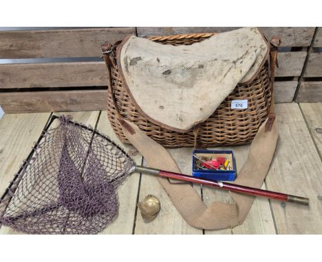 Vintage fishing creel with fishing net &amp; box of lures