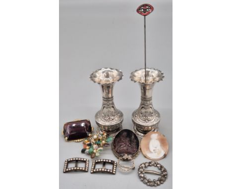 A Selection of Collectables; Pair of Chester Silver vases- [56.20grams], Silver and marcasite ribbon brooch, Two art deco sho