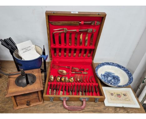 Antique Garanti coffee grinder, together with a boxed canteen of Siam cutlery. Blue and white bowl, Framed souvenir card and 