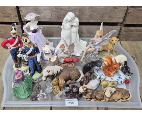 A Large tray of collectables; soldier figures, Goebel cat figure, borders fine arts dog figure &amp; other items